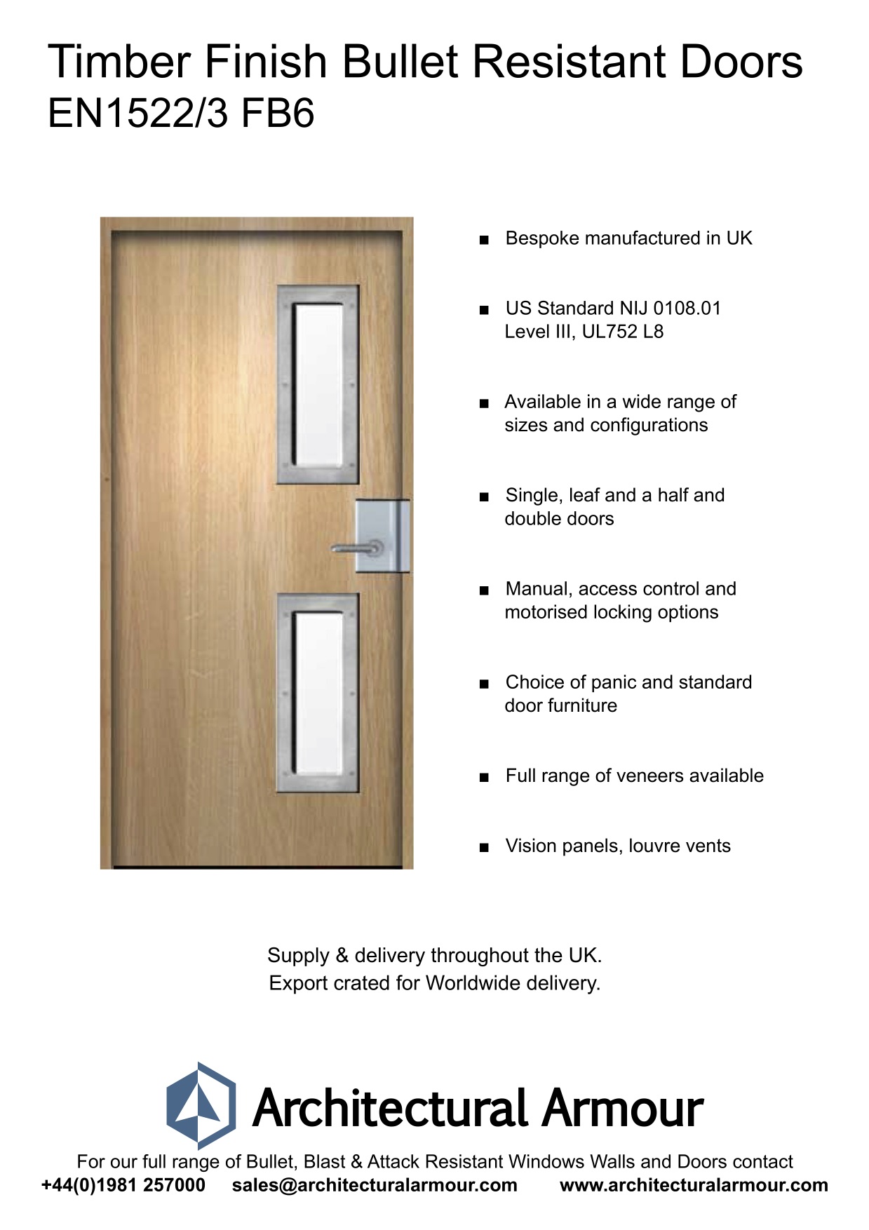 Architectural Armour | BS EN 1522/3 FB6 Bullet Resistant Timber Doors